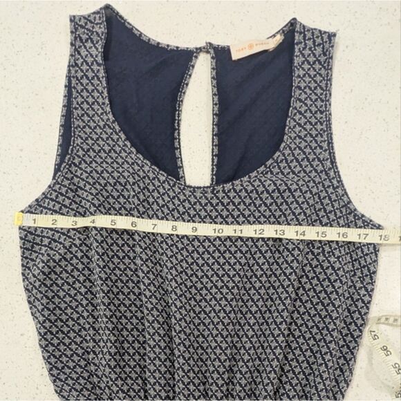 Tory Burch Silk Gauze Jumpsuit Scoop Neck Sleeveless Navy Geo Print Tassels M - Picture 5 of 13